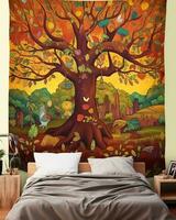 a large wall tapestry with a tree and birds on it generative ai photo