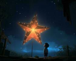 a little boy is looking at a star in the night sky generative ai photo