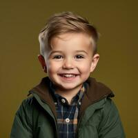 un pequeño chico en un verde chaqueta y tartán camisa generativo ai foto