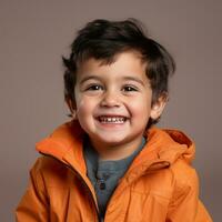 a little boy in an orange jacket smiles for the camera generative ai photo