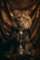 a lion sitting on a throne with a trophy in front of him generative ai photo