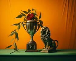 un león y un trofeo en un mesa con un Rosa en frente de eso generativo ai foto