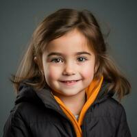 a little girl in a black jacket and orange hoodie generative ai photo