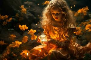 a little girl in a golden dress holding a lantern generative ai photo