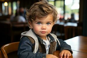 a little boy sitting at a table in a restaurant generative ai photo