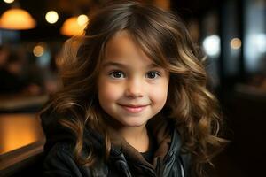 un pequeño niña en un negro chaqueta sonriente a el cámara generativo ai foto