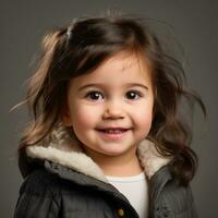 un pequeño niña en un chaqueta sonrisas para el cámara generativo ai foto