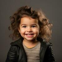 un pequeño niña en un cuero chaqueta sonriente a el cámara generativo ai foto