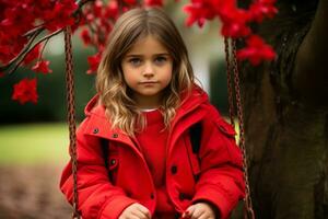 a little girl in a red coat sitting on a swing generative ai photo