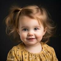 un pequeño niña en un amarillo vestir sonrisas para el cámara generativo ai foto