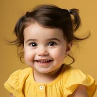 a little girl in a yellow dress smiling at the camera generative ai photo