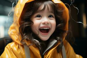 un pequeño niña en un amarillo impermeable riendo generativo ai foto