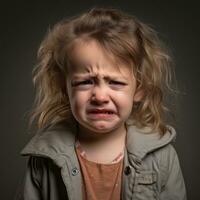 un pequeño niña es llorando en frente de un negro antecedentes generativo ai foto