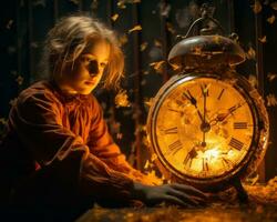 a little girl is sitting in front of an old clock generative ai photo