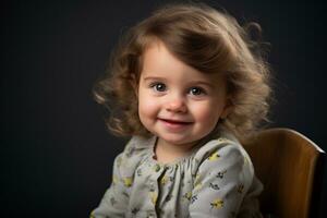 a little girl is sitting on a chair and smiling generative ai photo