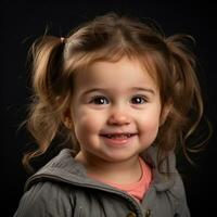 un pequeño niña es sonriente en un estudio con un negro antecedentes generativo ai foto