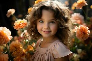 un pequeño niña es sonriente en frente de naranja flores generativo ai foto