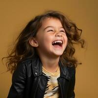 a little girl laughing in a leather jacket generative ai photo