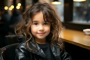 a little girl sitting at a table in a restaurant generative ai photo