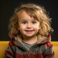 a little girl with blue eyes sitting on a yellow couch generative ai photo