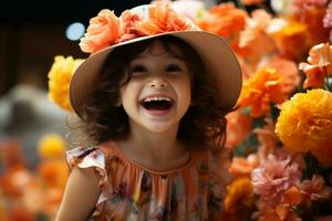 un pequeño niña vistiendo un sombrero generativo ai foto