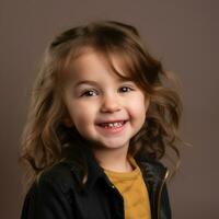 a little girl with curly hair and a yellow shirt smiles for the camera generative ai photo