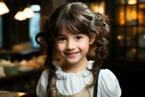 un pequeño niña con trenzas en pie en frente de un mesa generativo ai foto