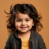 un pequeño niña con Rizado pelo y un amarillo suéter generativo ai foto
