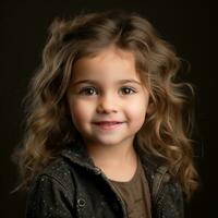 un pequeño niña con Rizado pelo y marrón chaqueta generativo ai foto