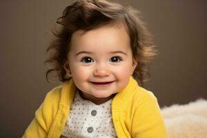 a little girl with curly hair and a yellow cardigan smiles for the camera generative ai photo