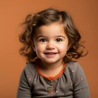 un pequeño niña con Rizado pelo es sonriente para el cámara generativo ai foto