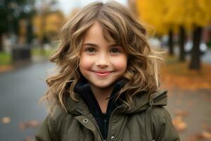 un pequeño niña con Rizado pelo es sonriente en el otoño generativo ai foto