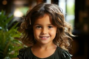 un pequeño niña con Rizado pelo es sonriente para el cámara generativo ai foto