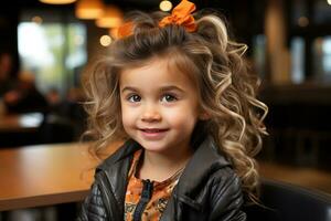 a little girl with curly hair sitting at a table generative ai photo