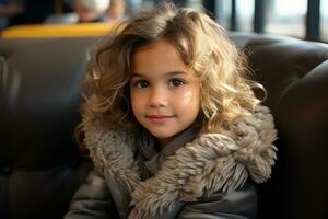 a little girl with curly hair sitting on a couch generative ai photo