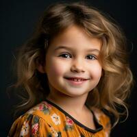 un pequeño niña con Rizado pelo sonrisas para el cámara generativo ai foto