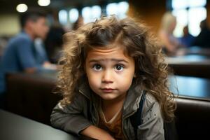 a little girl with curly hair sitting at a table generative ai photo