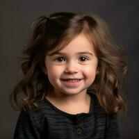 un pequeño niña con Rizado pelo sonrisas para el cámara generativo ai foto