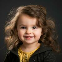 un pequeño niña con Rizado pelo sonrisas para el cámara generativo ai foto