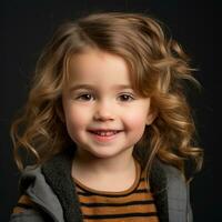 un pequeño niña con Rizado pelo sonriente a el cámara generativo ai foto