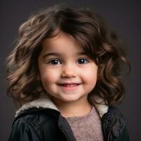 un pequeño niña con Rizado pelo sonriente para el cámara generativo ai foto