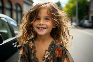 a little girl with curly hair standing in front of a car generative ai photo