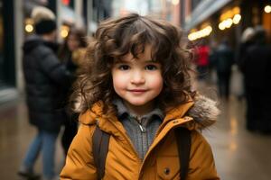 a little girl with curly hair standing in the middle of a busy street generative ai photo