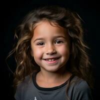 un pequeño niña con Rizado pelo sonrisas para el cámara generativo ai foto