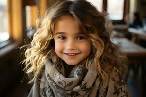 a little girl with curly hair wearing a scarf generative ai photo