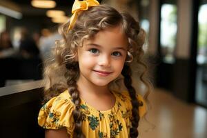 a little girl with curly hair wearing a yellow dress generative ai photo