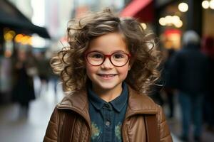 a little girl with glasses standing in the middle of a busy street generative ai photo