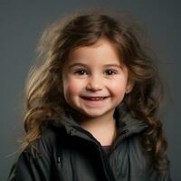 a little girl with long curly hair and a black jacket generative ai photo