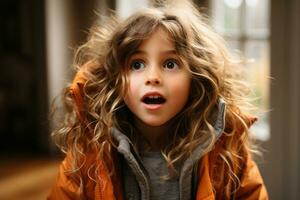 un pequeño niña con largo Rizado pelo mirando sorprendido generativo ai foto