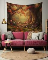 a living room with a pink couch and a tapestry hanging on the wall generative ai photo